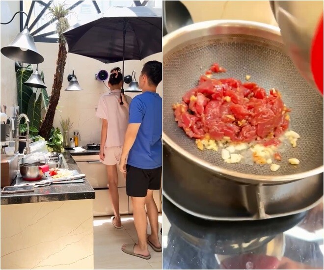 Lê Thúy vào bếp nấu ăn giữa cái nắng gay gắt